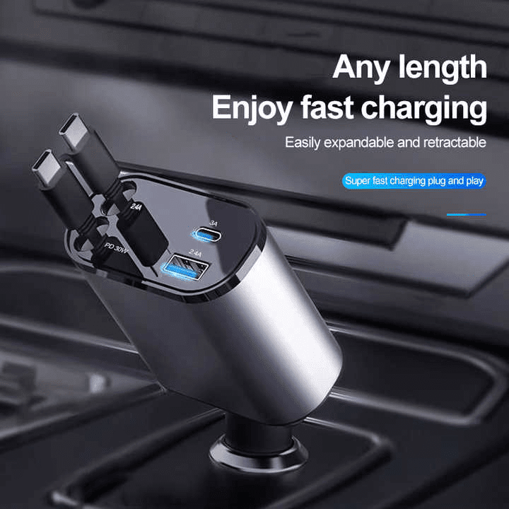 Retractable Car Charger,60 Watts Fast Charger,4 in 1 charger